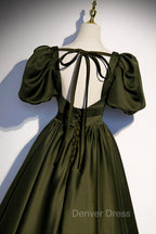 A Line Satin Long Prom Dress, Dark Green Short Sleeve Prom Graduation Dresses