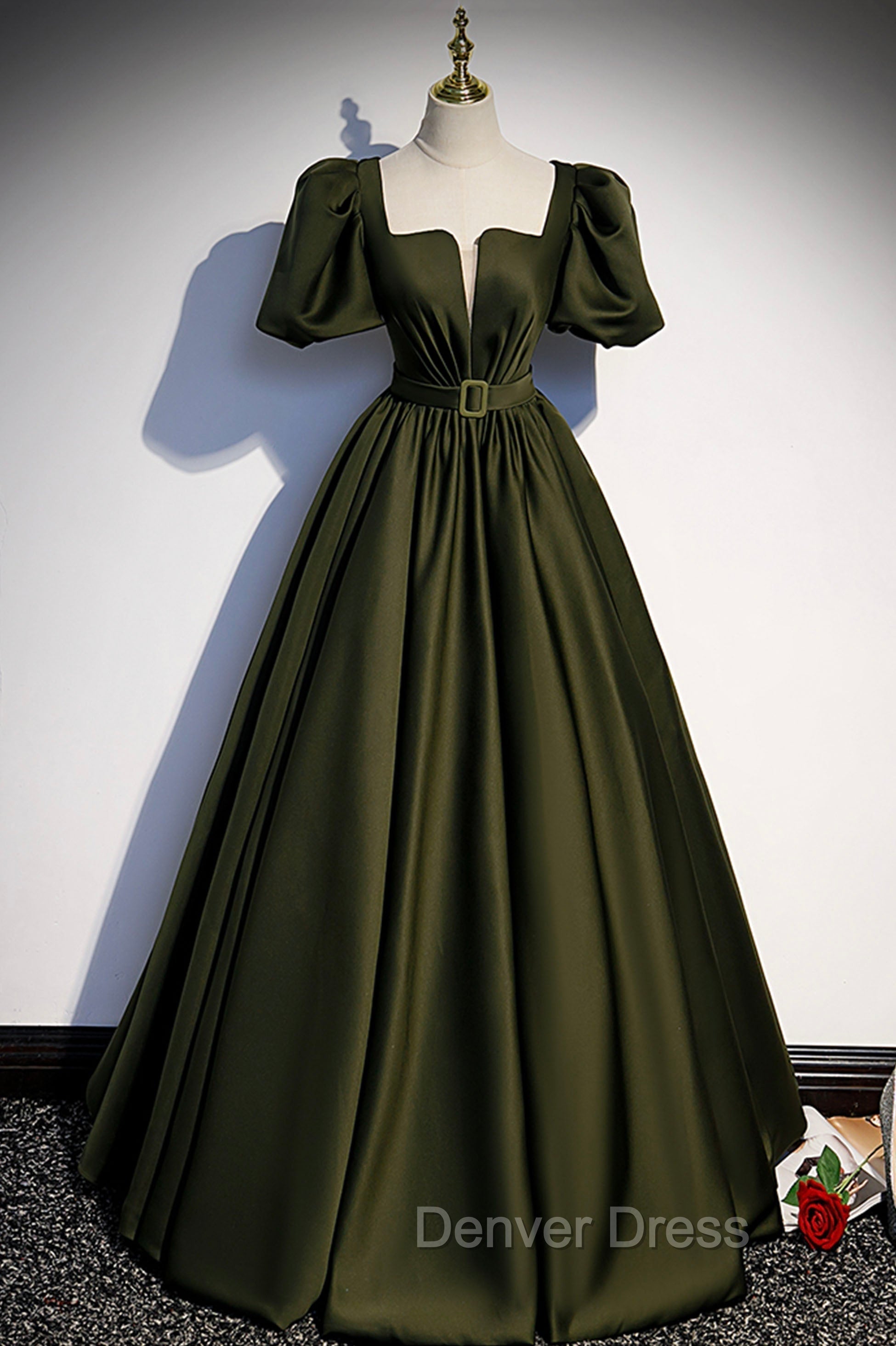 A Line Satin Long Prom Dress, Dark Green Short Sleeve Prom Graduation Dresses