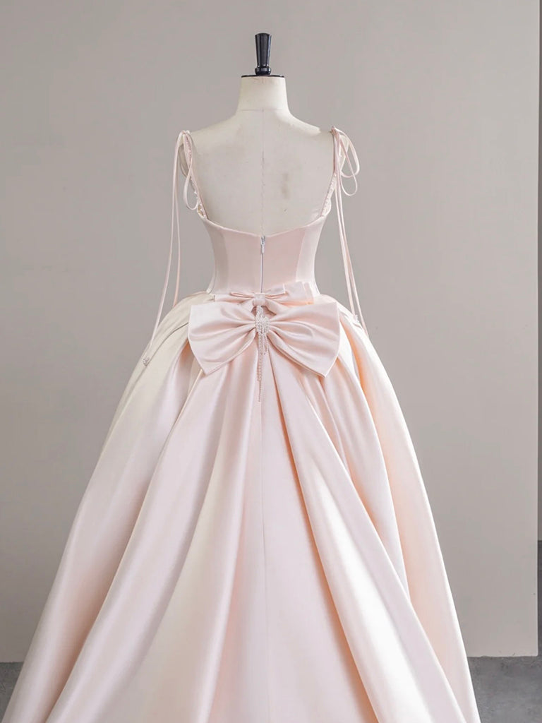 A-Line Satin Pink Champagne Long Prom Dresses, Pink Champagne Long Evening Dresses