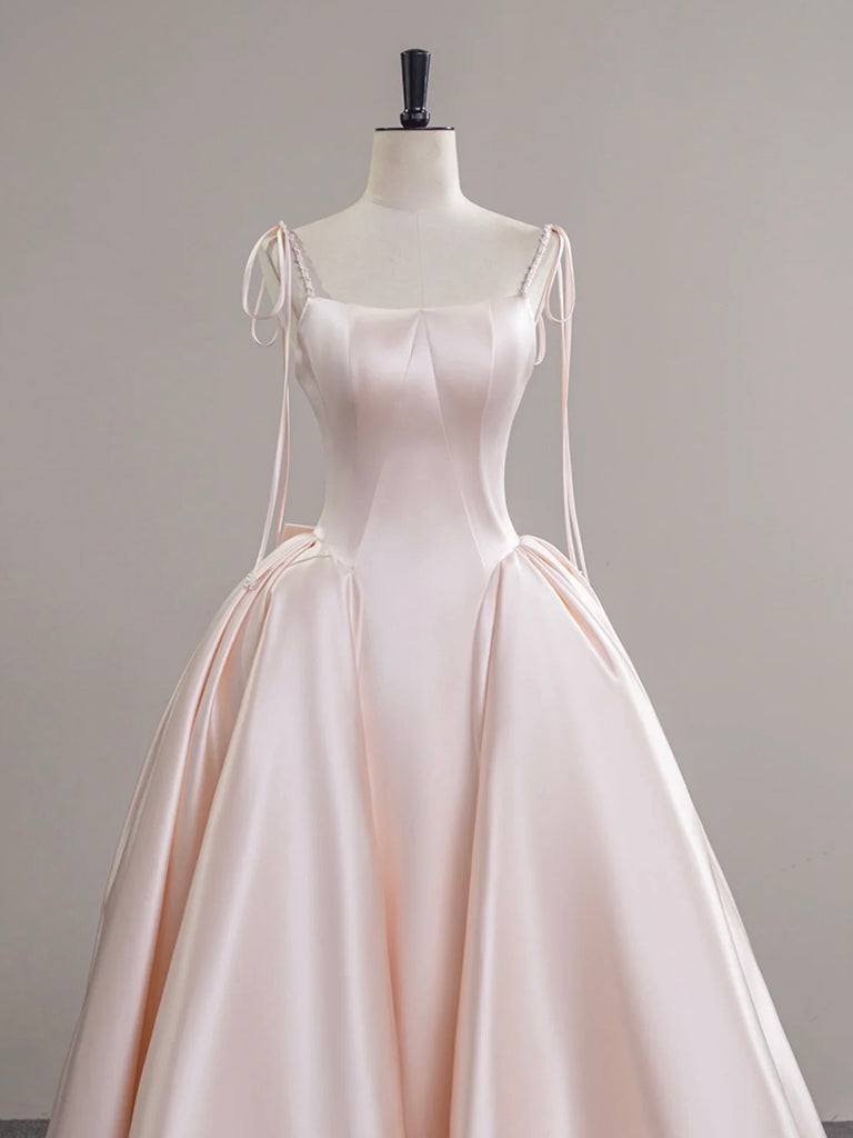 A-Line Satin Pink Champagne Long Prom Dresses, Pink Champagne Long Evening Dresses