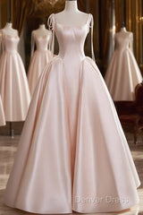 A-Line Satin Pink Champagne Long Prom Dresses, Pink Champagne Long Formal Dresses