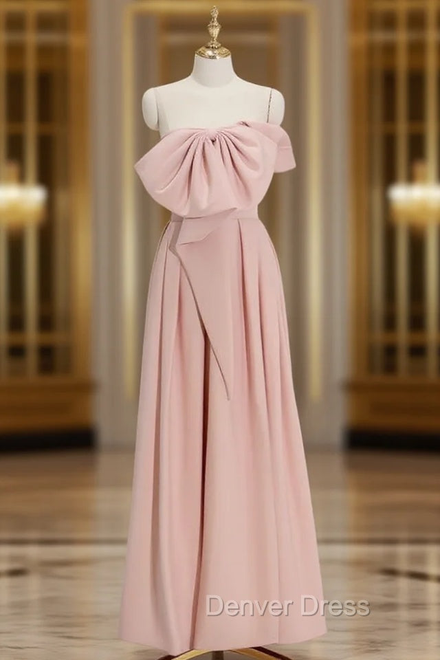 A-Line Satin Pink Long Prom Dresses, Pink Long Formal Dresses Main image