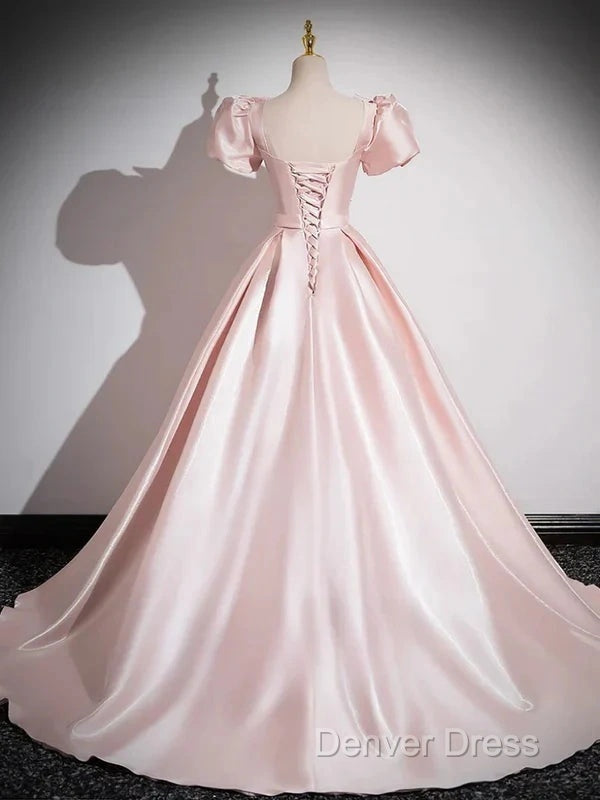 A-Line Satin Pink Quinceanera Dresses Long Prom Dresses With Bows Short Sleeves Secondary image