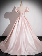 A-Line Satin Pink Quinceanera Dresses Long Prom Dresses With Bows Short Sleeves