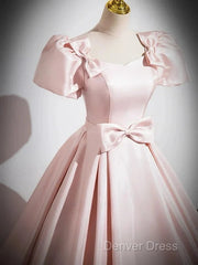 A-Line Satin Pink Quinceanera Dresses Long Prom Dresses With Bows Short Sleeves