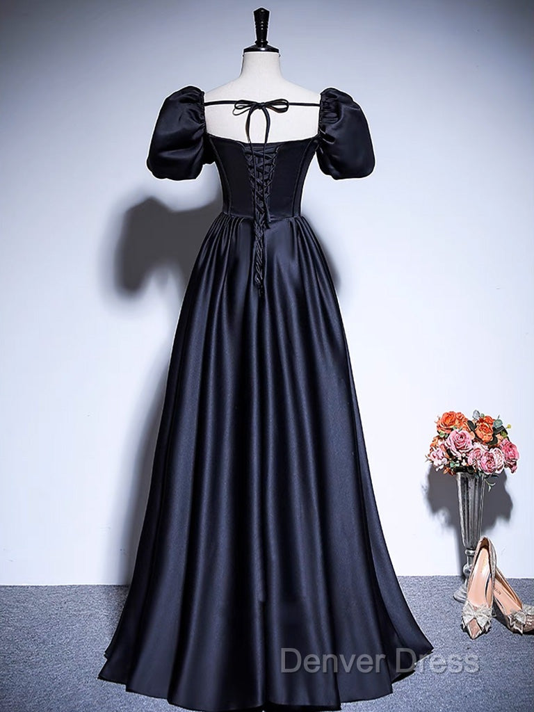 A-Line Satin Puff Sleeves Black Long Prom Dresses, Black Long Evening Dresses Secondary image