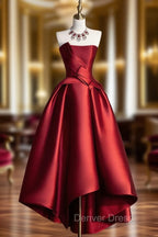 A Line Satin Short Prom Dress, Burgundy Strapless High Low Prom Dresses