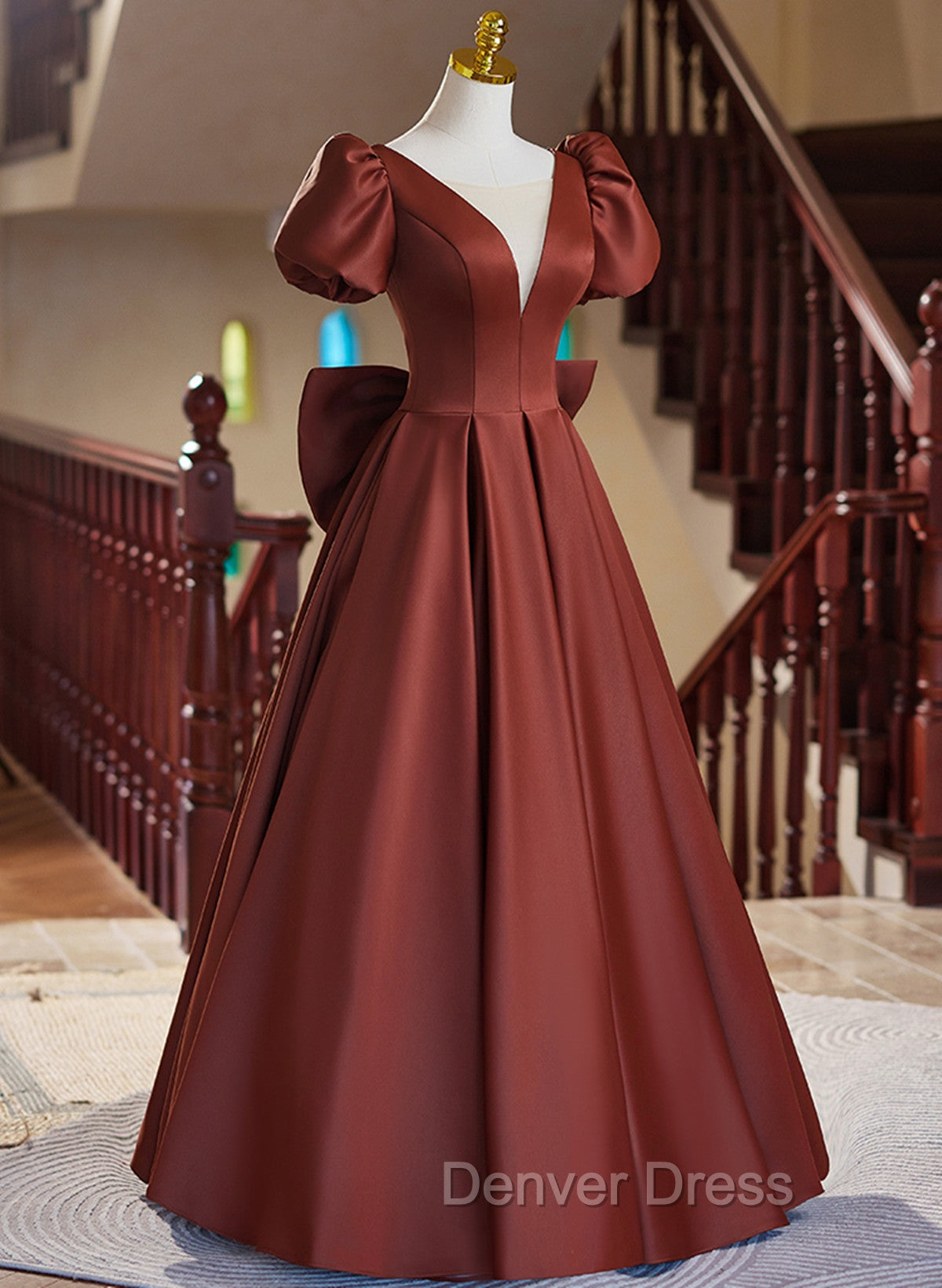 A Line Satin Short Sleeves Long Prom Dress, Satin Simple Prom Dresses