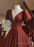 A Line Satin Short Sleeves Long Prom Dress, Satin Simple Prom Dresses