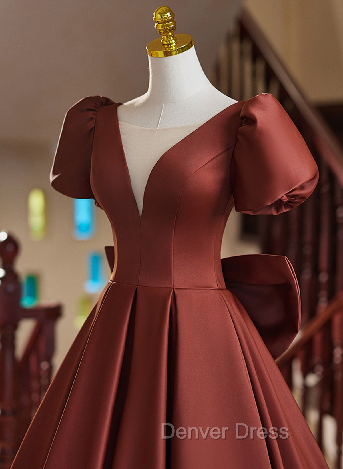 A Line Satin Short Sleeves Long Prom Dress, Satin Simple Prom Dresses
