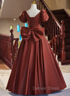 A Line Satin Short Sleeves Long Prom Dress, Satin Simple Prom Dresses