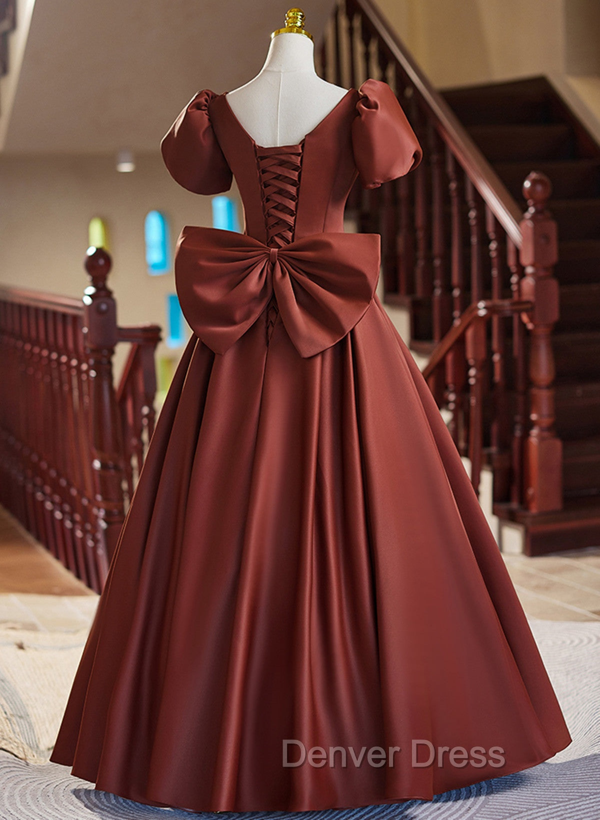 A Line Satin Short Sleeves Long Prom Dress, Satin Simple Prom Dresses