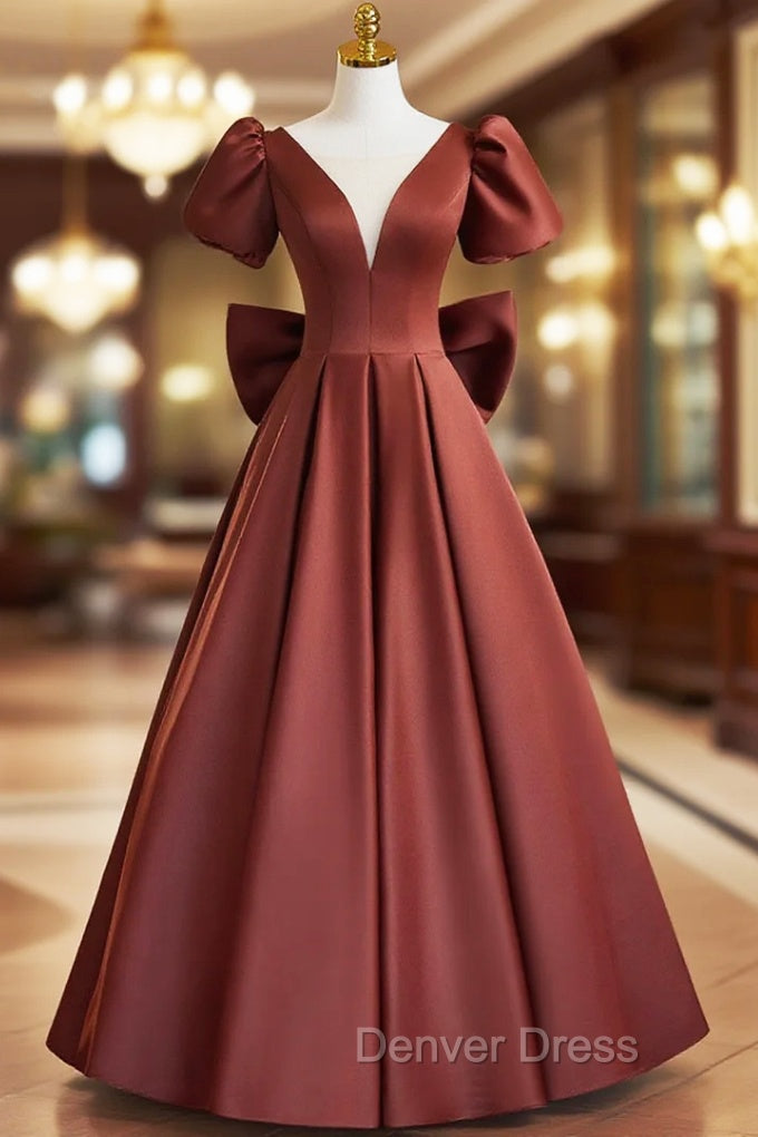 A-line Satin Short Sleeves Long Prom Dresses, Satin Simple Evening Dresses Main image