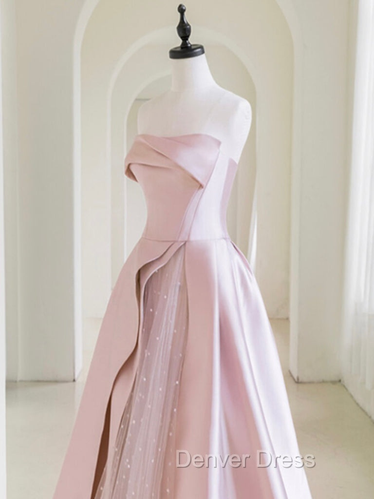 A-Line  Satin Tulle Pink Long Prom Dresses, Pink Long Formal Dresses Secondary image