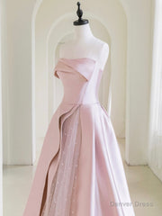 A-Line  Satin Tulle Pink Long Prom Dress, Pink Long Formal Dress