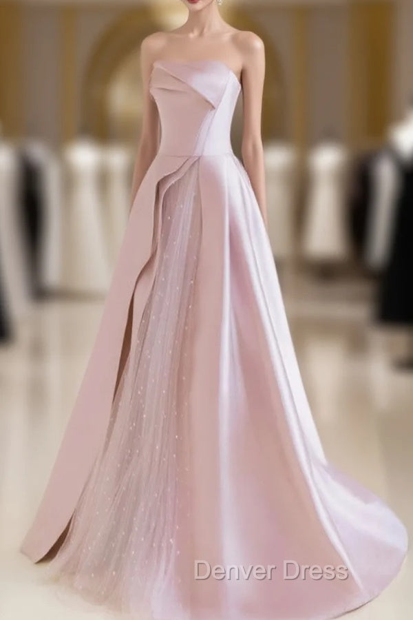 A-Line  Satin Tulle Pink Long Prom Dresses, Pink Long Formal Dresses Main image