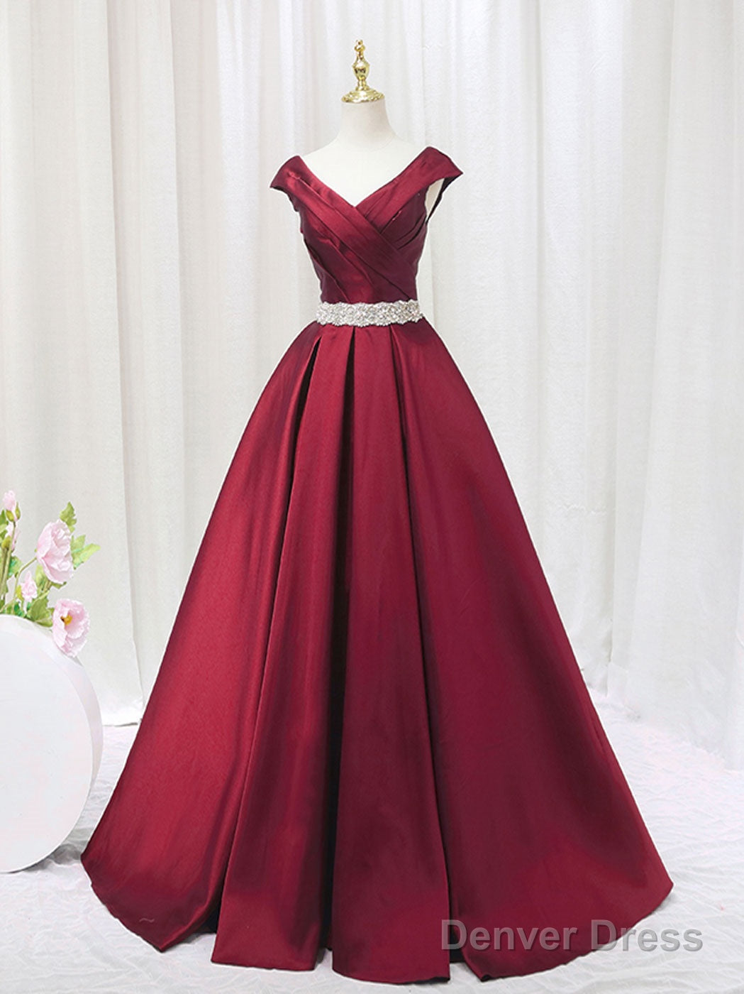 A Line Satin V Neck Burgundy Long Prom Dress, Burgundy Prom Dresses