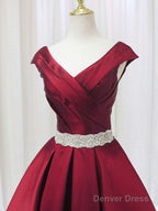 A Line Satin V Neck Burgundy Long Prom Dress, Burgundy Prom Dresses