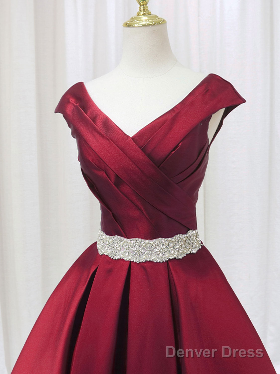 A Line Satin V Neck Burgundy Long Prom Dress, Burgundy Prom Dresses