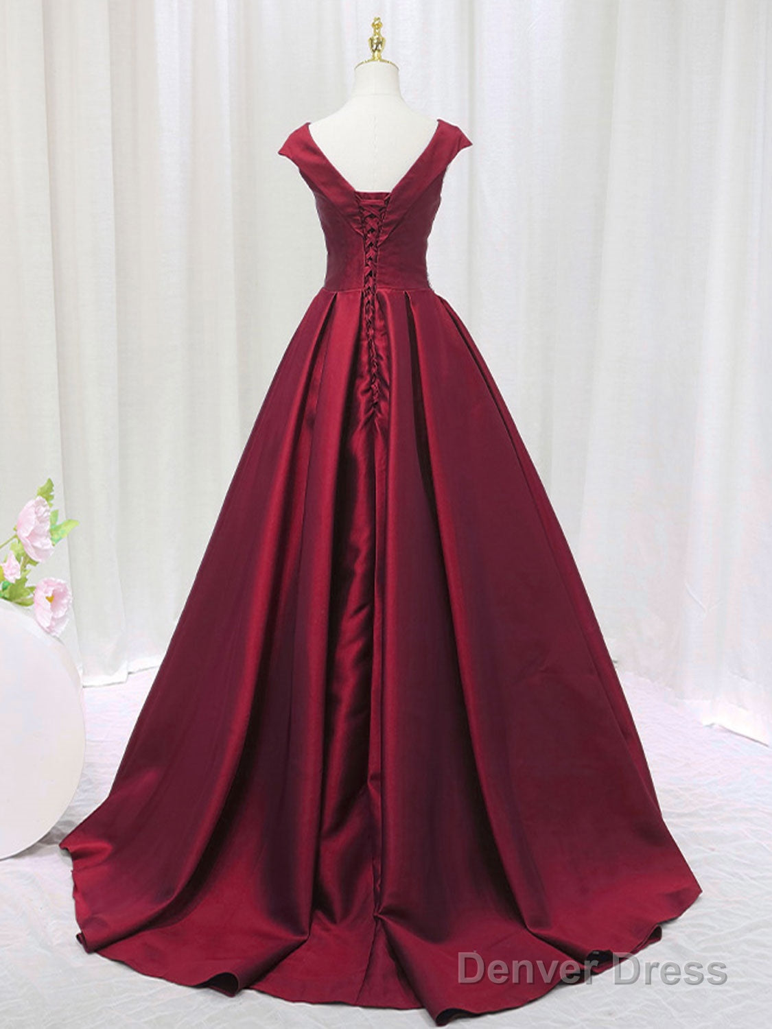 A Line Satin V Neck Burgundy Long Prom Dress, Burgundy Prom Dresses