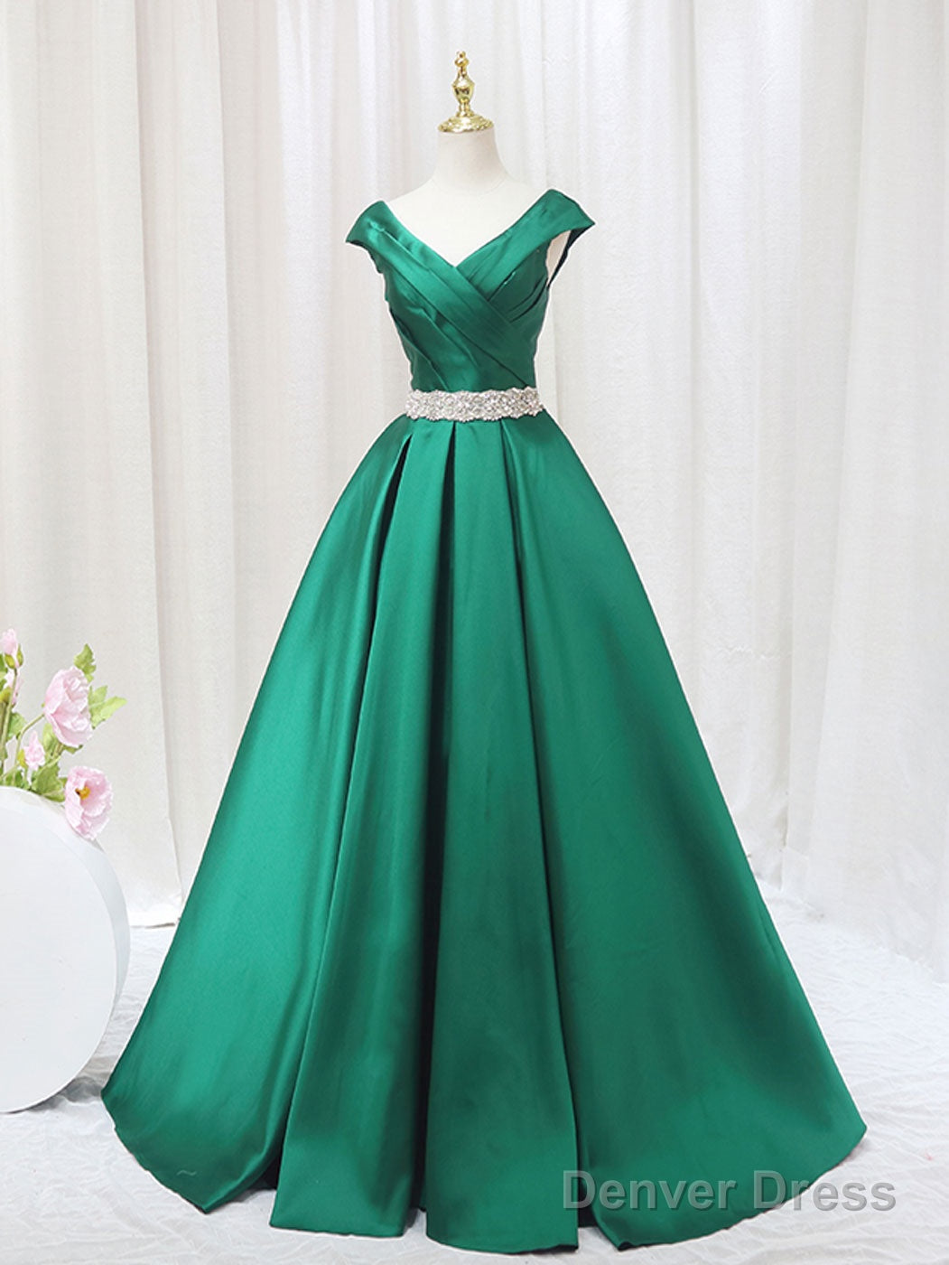 A Line Satin V Neck Burgundy Long Prom Dress, Burgundy Prom Dresses