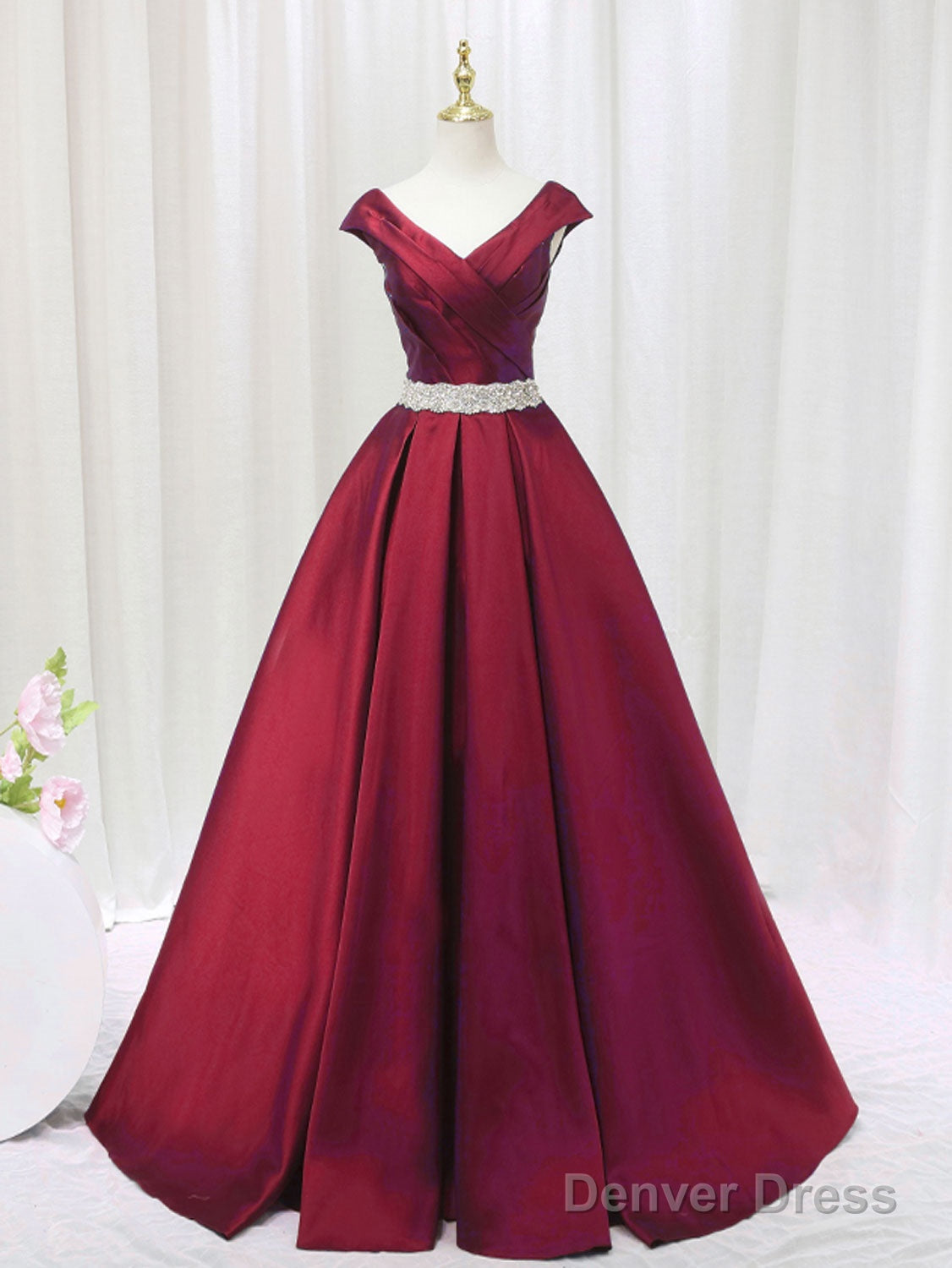 A Line Satin V Neck Burgundy Long Prom Dress, Burgundy Prom Dresses