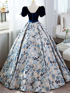 A Line Satin Velvet Blue Long Prom Dress, Blue Long Prom Dresses