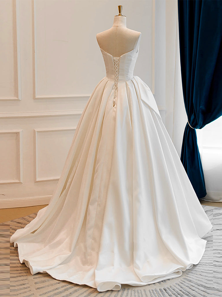 A-Line Satin White Long Prom Dresses, White Long Formal Dresses Secondary image