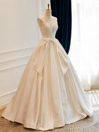 A-Line Satin White Long Prom Dresses, White Long Formal Dresses