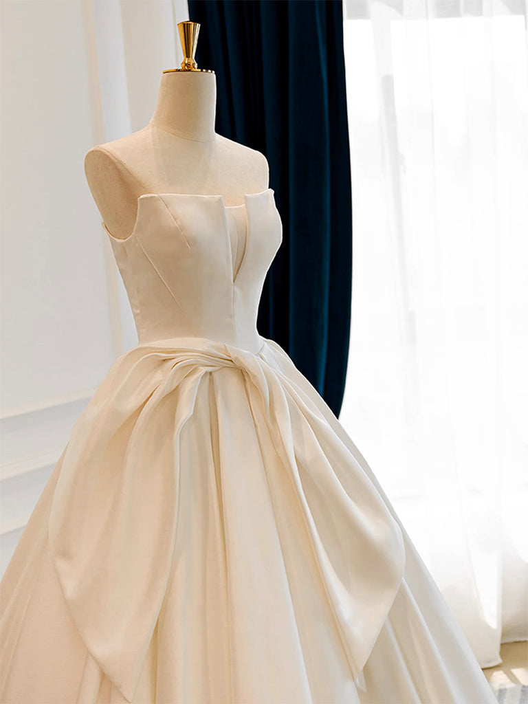 A-Line Satin White Long Prom Dresses, White Long Formal Dresses