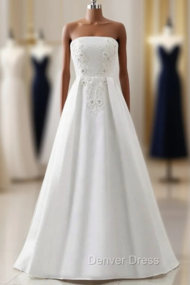 A Line Satin White Strapless Appliques Beading Floor Length Wedding Dresses Main image