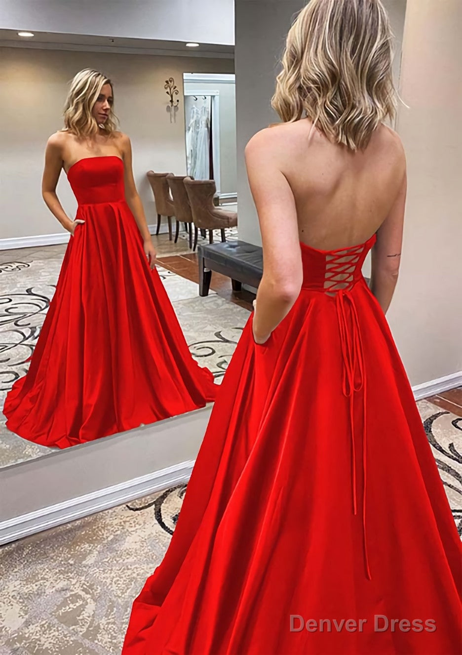 A-line Scalloped Neck Sweep Train Satin Prom Dresses With Pockets