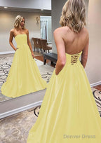 A Line Scalloped Neck Sweep Train Satin Prom Dresses With Pockets