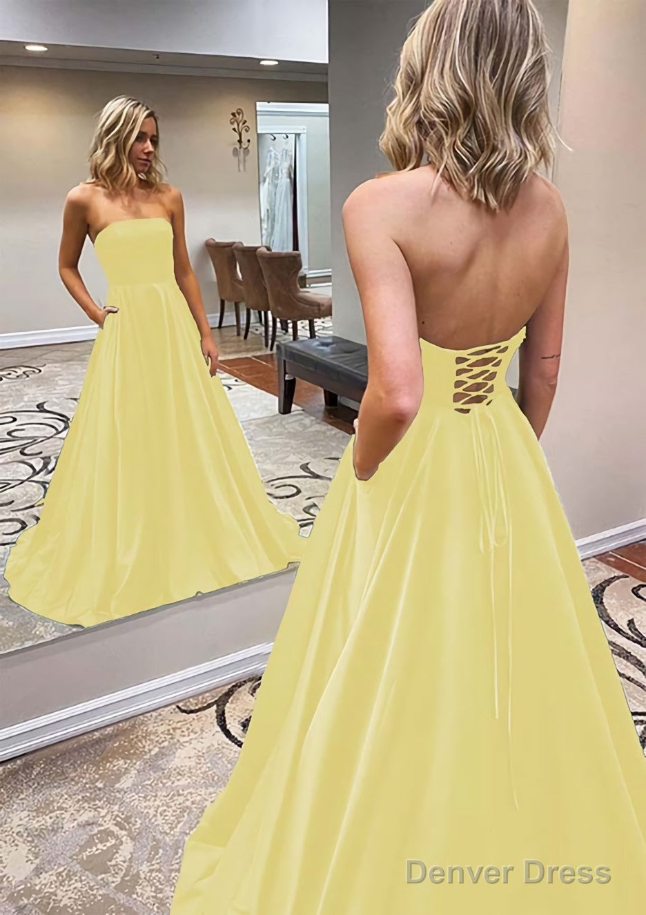 A Line Scalloped Neck Sweep Train Satin Prom Dresses With Pockets
