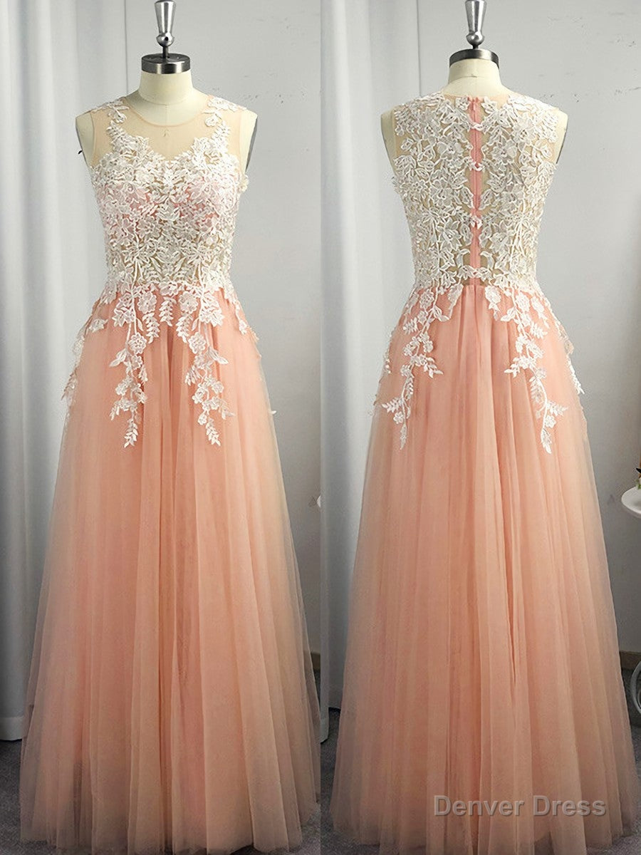 A-line Scoop Appliques Lace Floor-Length Tulle Dress Main image