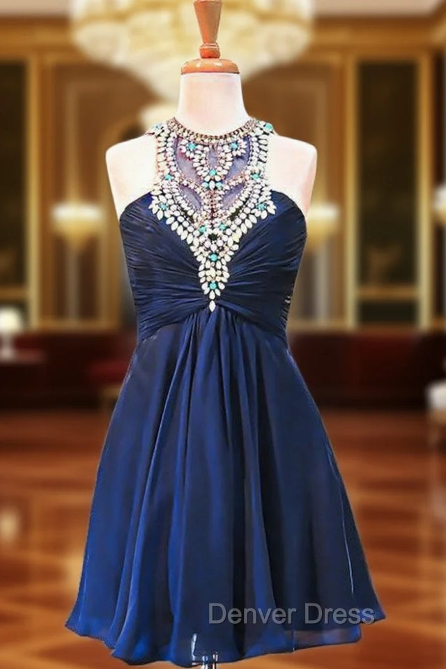 A Line Scoop Beaded Crystals Navy Blue Chiffon Short Homecoming Dresses