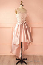 A Line Scoop High Low Pink Satin Homecoming Dresses With Appliques