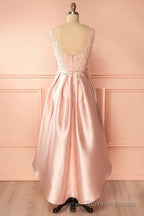 A Line Scoop High Low Pink Satin Homecoming Dresses With Appliques