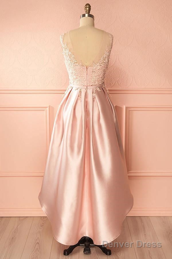 A Line Scoop High Low Pink Satin Homecoming Dresses With Appliques
