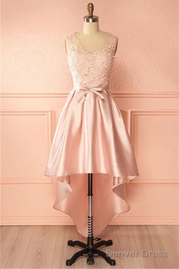A-Line Scoop High Low Pink Satin Homecoming Dress With Appliques Main image