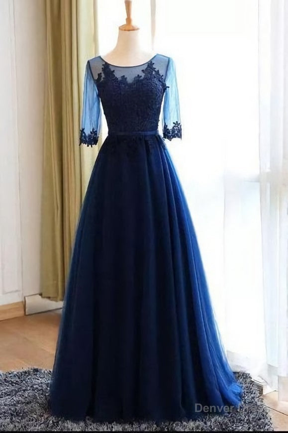 A-line Scoop Neck Dark Blue Long Prom Dresses With Sleeves Main image
