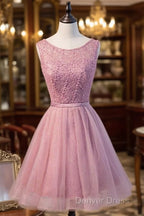 A Line Scoop Neck Short Tulle Homecoming Dresses With Beading