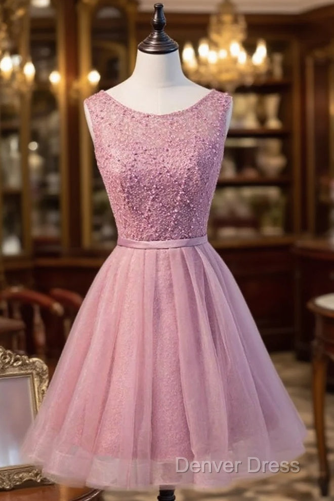 A Line Scoop Neck Short Tulle Homecoming Dresses With Beading