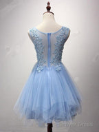 A Line Scoop Neck Tulle Short Mini Pearl Detailing Homecoming Dresses