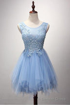A Line Scoop Neck Tulle Short Mini Pearl Detailing Homecoming Dresses