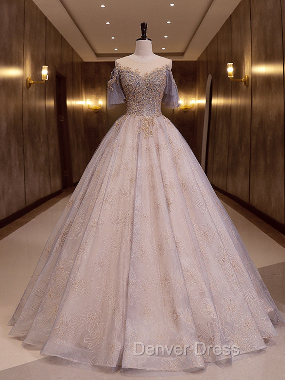 A-Line Scoop Neckline Gray Blue Long Prom Dresses, Tulle Lace Long Evening Dresses Secondary image