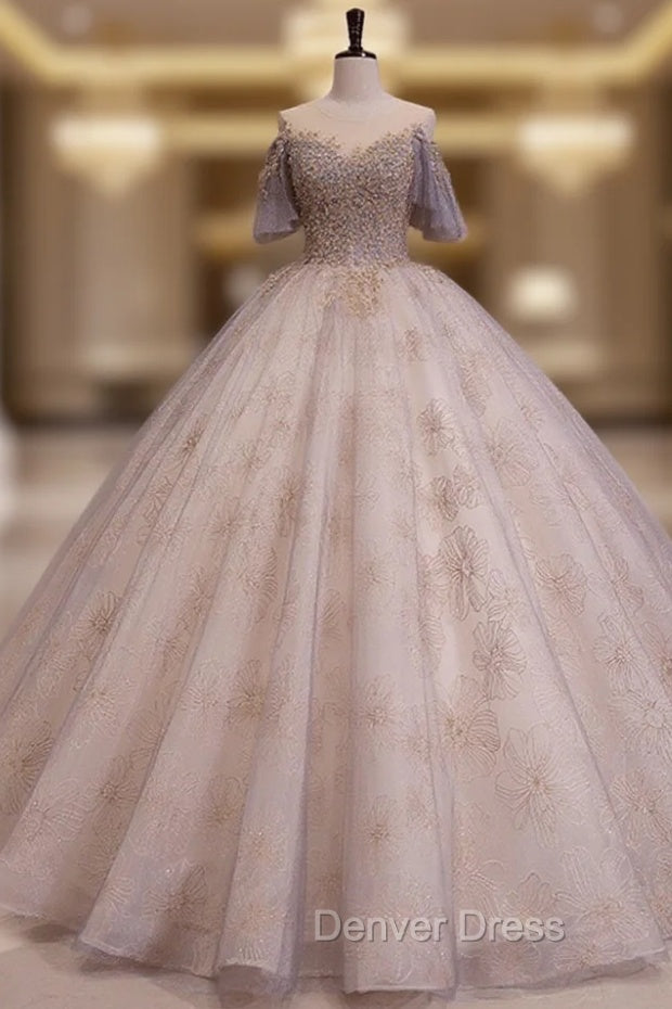 A-Line Scoop Neckline Gray Blue Long Prom Dresses, Tulle Lace Long Evening Dresses Main image