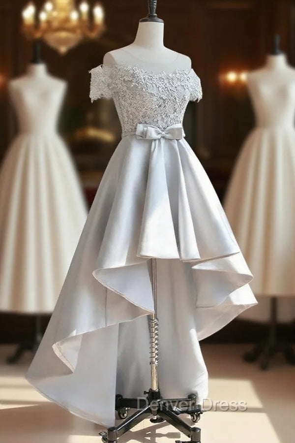 A Line Scoop Neckline Lace Gray Prom Dress, High Low Style Satin Prom Dresses