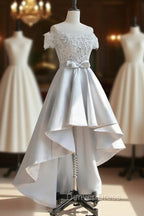 A-Line Scoop Neckline Lace Gray Prom Dresses, High Low Style Satin Formal Dresses