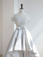 A-Line Scoop Neckline Lace Gray Prom Dresses, High Low Style Satin Formal Dresses